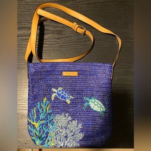 Vera Bradley Straw Ocean Blue Crossbody Bag with Tan Strap